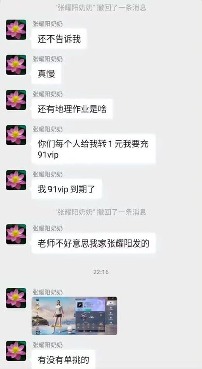 一张群聊截图，名为“张耀阳奶奶”的用户多次发消息先是询问作业内容，后开始让群友每人转1元，说要充“91vip”。期间还表示会员到期，最后又发了游戏截图和一句话询问“有没有单挑的”。内含较明显的谐音梗（91vip常被用于暗示某些特殊网站，带网络暗示和双关），整体场景是调侃学生群聊、伸手党以及网络会员众筹等现象，风格幽默与调侃。