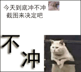 一张动态梗图，上方固定显示文字'今天到底冲不冲 截图来决定吧'，下方画面在两种状态间快速切换：左侧为黑色加粗'不冲'大字，搭配一只趴在栏杆上表情淡定的猫咪；右侧为黑色加粗'冲'大字，搭配一只睁大眼睛、竖起前爪似乎在点赞的猫咪。通过动态切换效果模拟随机截图的随机性，让用户通过截图结果决定是否行动，充满互动趣味，常用于表达面对选择时的纠结心态。