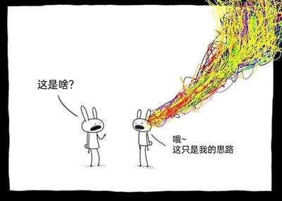 这是一幅卡通风格的原创网络漫画，画面以简约的线条绘制了两只兔子。左侧兔子面露疑惑，抬手指向右侧兔子，开口询问“这是啥？”；右侧兔子表情平淡，它的脑袋里延伸出一大团五颜六色、相互缠绕的杂乱线条，回应道“哦~这只是我的思路”。创作者通过将抽象的“混乱思路”具象化为视觉上的杂乱线条，用夸张且幽默的方式，生动地表现出人们在思考时思绪繁杂、毫无条理的状态，能够引发有过类似经历的人的强烈共鸣。