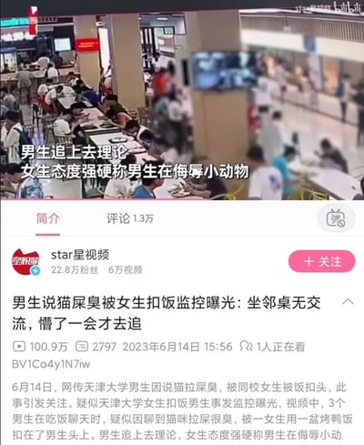 这是B站用户“star星视频”发布的视频截图，内容为网传天津大学食堂内的冲突事件监控画面及视频详情。画面上方是食堂监控场景，显示几名男生正在就餐，一名女生将一份烤鸭饭扣在其中一名男生头上，男生随后追上去理论；画面中对相关人物进行了马赛克处理。画面下方是视频的标题、播放数据、发布时间及事件详情：2023年6月14日，网传天津大学3名男生在食堂聊天时提及猫拉屎很臭，被邻桌女生认为是侮辱小动物，女生将一盆烤鸭饭扣在男生头上，男生追上去理论时女生态度强硬。该视频在B站播放量超100万，评论量1.3万，事件在网络引发广泛关注与争议。