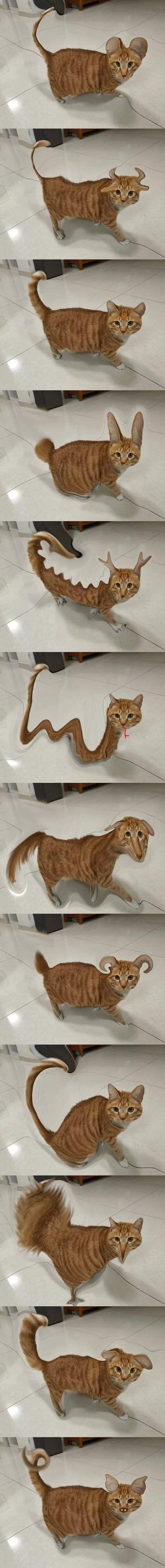 这是一组竖排拼接的AI修改后的橘猫图片，原型是一只站在室内瓷砖地面的正常橘猫，经过AI图像工具的局部重绘后，生成了一系列怪异的变形版本：有的猫咪长了超大的招风耳，有的头顶长出牛角，有的身体扭曲成波浪状，有的脸部畸形错位，还有的尾巴和身体结构完全错乱，每一张的变形都充满了AI生成的荒诞感，整体搞笑又离谱，没有谐音梗或双关含义，单纯是AI创作的怪异宠物形象。