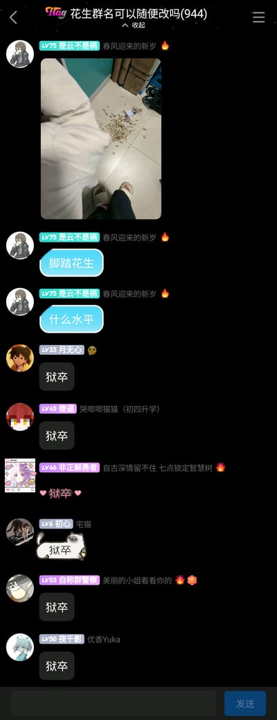 这是一张QQ群聊的截图，群名为“花生群名可以随便改吗(944)”。群内LV75用户“是云不是祸”发布了一张脚位于地面散落的花生壳旁的照片，随后发送“脚踏花生”“什么水平”的消息玩谐音梗；其他群成员包括“月无心”“傻逼”“非正解勇者”等，纷纷统一回复“狱卒”呼应这个谐音梗，群内氛围轻松搞笑，是网友之间的趣味互动内容。