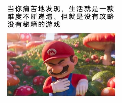 这是一张图文混排的网络梗图，上方配有直击当代人情绪的文字：“当你痛苦地发现，生活就是一款难度不断递增，但就是没有攻略没有秘籍的游戏”，下方是《超级马力欧兄弟大电影》中的经典角色马力欧的截图，他眉头紧皱、双眼紧闭，一只手按在胸口，另一只手自然下垂，表情痛苦又无奈，完美呼应了文字中那种意识到生活没有捷径、只能独自面对不断升级的困难的无力感，用大众熟悉的游戏角色的共情点，精准戳中当代人对生活压力、人生无攻略的共鸣，适合用来抒发对生活的无奈与感慨。