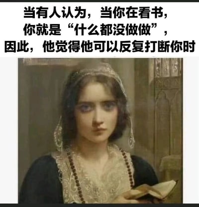 图片上方为黑色文字，内容为：‘当有人认为，当你在看书，你就是“什么都没做做”，因此，他觉得他可以反复打断你时’。下方是一幅古典油画风格的图像，画中女性头戴白色头巾，身着深色上衣配白色蕾丝装饰，手持一本打开的书，表情严肃，眼神平静中带着一丝无奈，整体表达了阅读时被他人误解为“无所事事”而反复打断的困扰情绪。