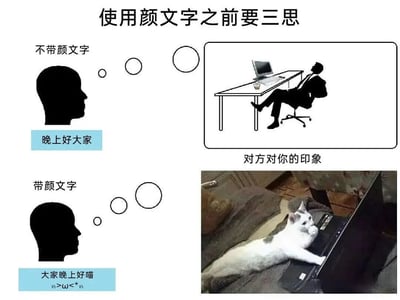 图片通过上下对比的方式幽默展示使用颜文字前后给对方留下的不同印象。上半部分“不带颜文字”场景中，左侧是一个头部剪影和三个思考气泡，下方文字为“晚上好大家”，右侧对应“对方对你的印象”是一幅黑白线条画：一名穿着西装的男子将腿翘在办公桌上，姿态自信放松。下半部分“带颜文字”场景中，左侧同样是头部剪影和思考气泡，下方文字为“大家晚上好喵 (^>ω<^*)”，右侧对应“对方对你的印象”是一张真实照片：一只白猫正慵懒地趴在笔记本电脑上，显得随意可爱。通过这种对比，调侃了使用颜文字可能会改变他人对你的印象。