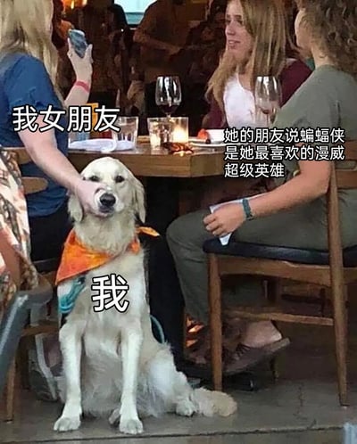 这是一张经过文字加注的网络梗图，拍摄场景为餐厅。画面里一只佩戴橙色围巾的金毛犬被标注为“我”，它的嘴被旁边标注为“我女朋友”的人捂住，表情无奈、无语；右侧的人被标注为对话的发出者，对应的文字说明是“她的朋友说蝙蝠侠是她最喜欢的漫威超级英雄”。蝙蝠侠实际属于DC漫画旗下的超级英雄，并非漫威，这个常识错误让“我”（金毛犬）表现出想纠正却被制止的状态，用拟人化的方式调侃了生活中听到常识错误时的无奈心情，充满搞笑效果。