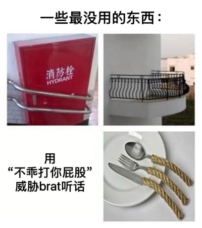 这是一张由三张图片和文字组成的搞笑梗图，标题为"一些最没用的东西："。第一张图片展示了一个被金属栏杆完全挡住的红色消防栓箱，让人无法使用；第二张图片是一个设计奇特的阳台，栏杆向内弯曲，几乎没有站立空间；第三张图片是一套餐具，刀叉勺的手柄被设计成绳索状，使用起来可能很不舒服。图片下方配有文字："用'不乖打你屁股'威胁brat听话"，通过类比的方式幽默地指出这种威胁方式和前面展示的设计一样无效。
