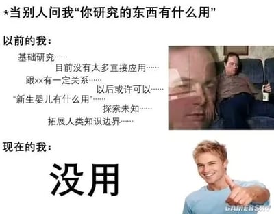 这张梗图以对比的方式展现了当别人问“你研究的东西有什么用”时，科学研究者从最初的理性详细解释（基础研究、探索未知、拓展人类知识边界）到后来自嘲式的“没用”直接回应，调侃了基础研究经常被误解、研究者无力解释的无奈心态。画风轻松搞笑，文字极具共鸣感。

梗图暗含讽刺与自嘲，表达了科学、学术圈常见的现实困境和无力感。