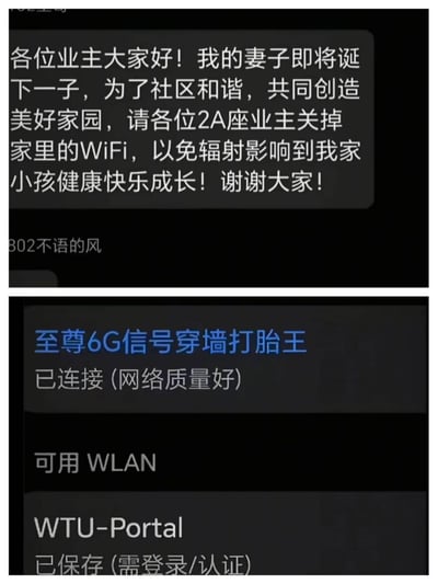 这是一张上下拼接的截图梗图，上半部分是小区业主群的聊天截图，网名为“802不语的风”的业主发言称自己的妻子即将生产，以WIFI辐射会影响自家孩子健康成长为由，要求2A座的所有邻居关掉家中的WIFI，还以维护社区和谐作为托词；下半部分是手机的WIFI连接界面截图，当前已连接的WIFI名称为“至尊6G信号穿墙打胎王”，明显是同小区的其他业主针对前文中的无理要求做出的反讽回应，调侃该业主提出的要求荒谬、缺乏常识，笑点十足。
