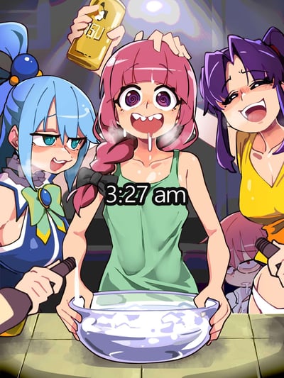 三个动漫风格的少女在深夜派对上狂欢。中间粉色头发的少女表情惊讶，眼睛瞪得很大，嘴巴张开，额头上有汗珠，双手被按住。左边是蓝发少女，扎着双马尾，带着绿色蝴蝶结，手持饮料微笑着。右边是紫发少女，穿着黄色背心，大笑着。背景中有灯光效果，营造出派对氛围。画面中央显示时间为"3:27 am"，暗示这是深夜的聚会。