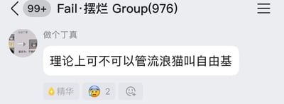 这是一张社交软件群聊界面截图，群名称为“Fail·摆烂 Group(976)”，顶部显示“99+”未读消息提示。群成员“做个丁真”发布了一条消息：“理论上可不可以管流浪猫叫自由基”，消息下方有点赞（2个）和评论按钮，整体氛围轻松幽默，充满网络调侃意味。