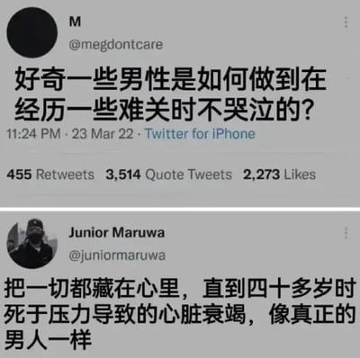 图片展示了两条Twitter推文的对话截图。第一条推文由用户M（@megdontcare）发布，内容为：“好奇一些男性是如何做到在经历一些难关时不哭泣的？”，发布时间为2022年3月23日晚上11:24，来自iPhone客户端，获得了455次转发、3514次引用转发和2273个点赞。第二条推文是用户Junior Maruwa（@junior maruwa）的回复，内容为：“把一切都藏在心里，直到四十多岁时死于压力导致的心脏衰竭，像真正的男人一样”。两条推文形成鲜明对比，后者通过讽刺的方式批判了社会对男性“不流泪”的刻板印象及可能导致的负面后果。