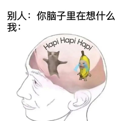 这张梗图通过对比的方式展现了人们被问及内心想法时的有趣反差。上方文字"别人：你脑子里在想什么 我："建立了对话情境，下方则是一个人脑的剖面示意图，里面包含两个卡通形象：一个是张开双臂的小动物，另一个是哭泣的香蕉人，背景还有"Hapi Hapi Hapi"的文字。这种夸张的表现手法幽默地暗示了人们内心想法往往是混乱、无逻辑且充满童趣的，与他人期待的严肃思考形成鲜明对比。
