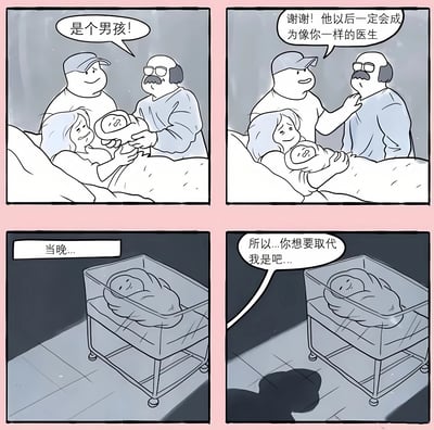 四格漫画描绘了一个有趣的家庭场景：第一格中医生抱着新生儿告诉父母"是个男孩!"；第二格父亲开心地感谢医生并说"他以后一定会成为像你一样的医生"；第三格场景转换，配文"当晚..."，显示婴儿独自躺在婴儿床中；第四格婴儿内心独白"所以...你想要取代我是吧..."，展现了一个幽默的误会，婴儿将父亲希望他成为医生的期望理解为要取代眼前的医生。