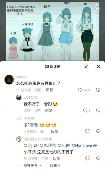 这是一张网友自制的恶搞普法梗图，将《中华人民共和国对恋童刑法犯罪量刑定叛图》（应为“定判图”）用同一蓝发女孩的不同成长阶段形象对应不同刑期：幼儿形象对应死刑，小学生形象对应无期徒刑，青少年形象对应20年刑期，高中生形象对应10年刑期，职场女性形象对应3年刑期。下方是社交平台的评论区，热评“怎么还越来越有性价比了”玩梗，调侃随着人物年龄增长刑期降低，而形象更成熟有吸引力，形成荒诞反差的搞笑效果，其他评论也都是跟风玩梗的内容。
