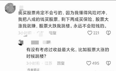 图片为社交媒体评论截图，展示了两条关于股票投资的幽默对话。第一条评论称：'我买股票肯定不会亏的，因为我懂得风险对冲，我把八成的钱买股票，剩下两成买保险，股票大涨我就赚，股票大跌我跳楼。永远不会赔钱的。' 第二条评论则调侃回应：'有没有考虑过收益最大化，比如股票大涨的时候跳楼？' 两条评论通过对'风险对冲'概念的曲解制造黑色幽默笑点，第一条试图用极端方式规避亏损，第二条进一步反讽其逻辑漏洞。