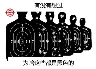 这是一张顶配底文的静态单图，画面主体是六个从左到右尺寸依次缩小的黑色人形射击靶纸，最左侧的靶纸尺寸最大，弹孔集中在靶心的高分区域；越往右的靶纸尺寸越小，弹孔越集中在头部位置。画面左上角有一个红色的十字瞄准镜图标，上方配有文字“有没有想过”，下方配有文字“为啥这些都是黑色的”，以趣味的方式提出关于射击靶纸颜色的疑问。这张图的设计既展示了不同尺寸靶纸的命中情况，又引出了一个科普类的问题，黑色靶纸的设计原因是：黑色在常见的射击场地背景下对比度更高，能让射手更清晰地瞄准靶心，同时黑色靶纸上的弹孔也更容易被观察到，方便射手判断命中位置和调整射击姿势。