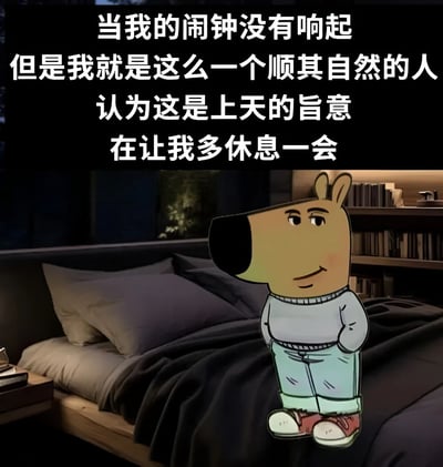 图片展示了一个幽默场景：在一间现代化卧室中，一只拟人化的狗形卡通人物双手插兜站在床上，面带自信微笑。上方文字内容为：'当我的闹钟没有响起 但是我就是这么一个顺其自然的人 认为这是上天的旨意 在让我多休息一会'，表达了一种幽默的自我合理化心态，将闹钟没响解释为上天让自己多休息的旨意。