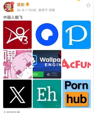 这是一张微博平台的内容发布截图，加V账号“漫剧”于2026年8月1日15:55在河南发布该内容，配文为“中国人能飞”，下方采用九宫格布局排列了9款不同网络平台或应用的图标，属于网络谐音梗玩梗内容，用“能飞”的谐音代指相关的网络使用场景，搭配的图标多为网络用户熟知的各类平台标识。