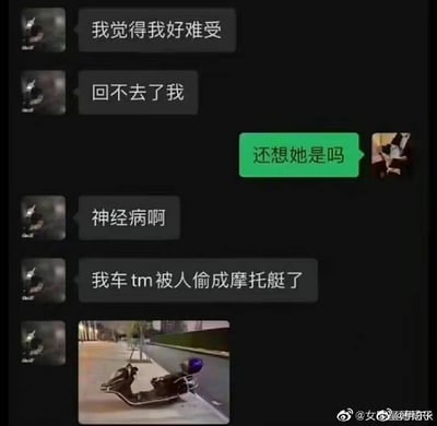 本图为一组微信聊天截图配合一张现实照片的梗图。对话一方一开始表现得很伤感、情绪低落，像是在表达恋爱或人生的郁闷，对方关心地问“还想她是吗”，结果情感反转，对方却爆出“我车tm被人偷成摩托托盘了”，并配了现场摩托只剩底盘的图。前后语境差异带来巨大的反差喜剧效果，极具网络传播属性。结尾的“托盘”也是一种谐音和视觉梗。