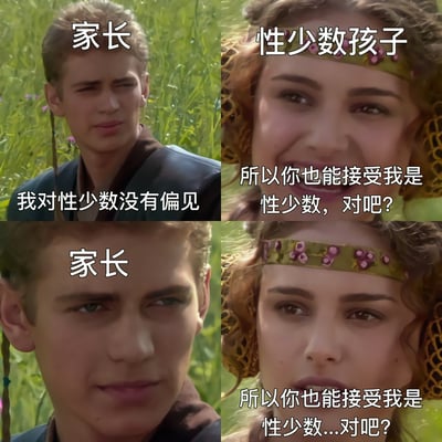 这是一张四格连环梗图，使用《星球大战》中安纳金和帕德梅的经典画面配文制作：第一格左上角是标注为“家长”的安纳金，配文“我对性少数没有偏见”，表情轻松；第二格右上角是标注为“性少数孩子”的帕德梅，面带笑容询问“所以你也能接受我是性少数，对吧？”；第三格左下角是家长安纳金，没有配文，表情变得僵硬尴尬，原本轻松的态度消失；第四格右下角是孩子帕德梅，笑容消失，带着忐忑的语气再次询问“所以你也能接受我是性少数...对吧？”，整张图讽刺了部分家长对外宣称对性少数群体无偏见，却无法接受自己的孩子是性少数的双标行为。
