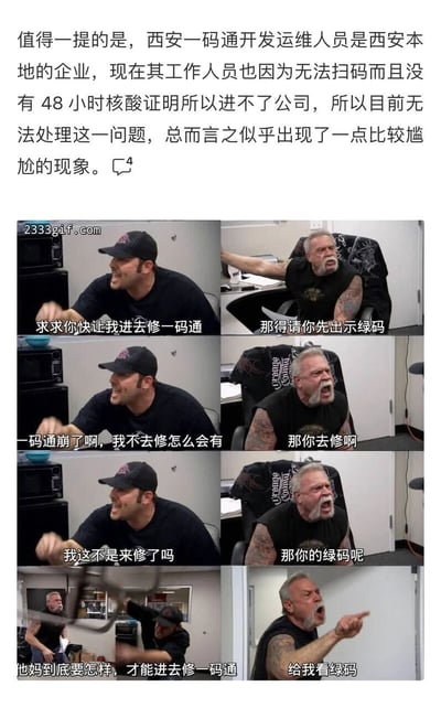 这是一张图文混排的连环梗图，上方文字说明西安一码通的开发运维人员因为系统崩溃无法出示绿码，也没有48小时核酸证明，导致无法进入公司修复系统，陷入荒诞的死循环；下方六格真人场景图改编自美国真人秀名场面，通过运维人员和守门人的对话演绎了这个死循环：运维人员要进去修一码通才能恢复绿码，而守门人要求必须出示绿码才能放行，双方的对话陷入无解的循环，最后守门人愤怒地扔椅子、指人，情绪爆发，生动又讽刺地展现了这个防疫工作中的尴尬困境。