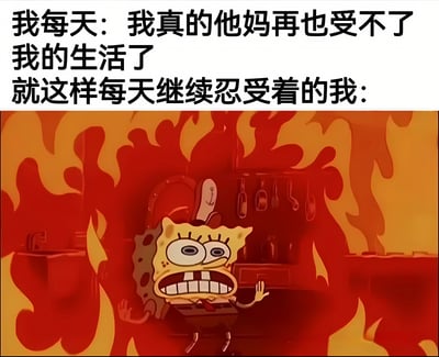 图片上半部分为黑色文字：“我每天：我真的他妈再也受不了我的生活了 就这样每天继续忍受着的我：”。下半部分是《海绵宝宝》的动画截图，海绵宝宝身处被熊熊火焰包围的厨房中，背景可见厨具挂在墙上，他双眼圆睁，瞳孔放大，嘴巴大张露出牙齿，表情惊恐，一只手微微抬起，仿佛在慌乱中不知所措。该梗图通过文字与画面的结合，幽默地展现了人们日常生活中一边喊着“受不了”却又不得不继续忍受的矛盾状态。