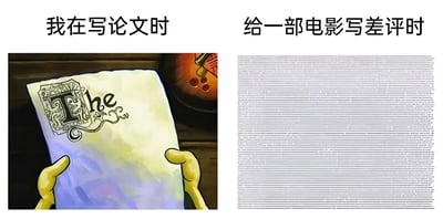 图片为左右对比结构，左侧上方文字为“我在写论文时”，下方是一只卡通风格的手拿着一张几乎空白的纸，纸上仅有顶部装饰性的“The”字样，显得内容匮乏；右侧上方文字为“给一部电影写差评时”，下方是一整页密密麻麻的文字，形成鲜明对比。通过夸张的内容量差异，幽默地展现了人们写论文时的“词穷”与写电影差评时的“文思泉涌”之间的反差，引发学生群体和观影爱好者的共鸣。