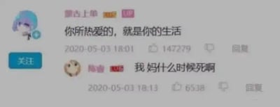 图片展示了社交媒体平台上两条形成强烈对比的评论。上方评论来自用户"蒙古上单"，内容为正能量语句"你所热爱的，就是你的生活"，获得了147279个点赞；而下方评论来自用户"陈睿"，却出现极其恶毒的言论"我妈什么时候死啊"，获得6538个点赞。两条评论发布时间仅相差12分钟，形成了令人震惊的价值观反差。