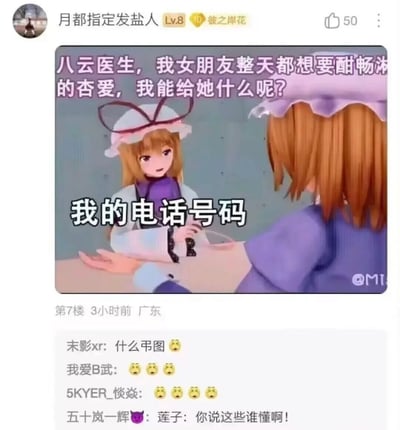 这张图是国内网络社区的帖子截图，上层是用户“月都指定发盐人”发布的东方Project二创梗图，图中左侧是东方角色八云紫，右侧是背对镜头的提问角色，上方配文是提问者的问题“八云医生，我女朋友整天都想要酣畅淋漓的杏爱，我能给她什么呢？”，其中“杏爱”是“性爱”的谐音避讳写法，下方八云紫的回复为“我的电话号码”，暗含调侃八云紫将替代提问者满足其女友需求、给提问者戴绿帽的玩笑笑点。帖子获赞50，下方附有多条其他用户的评论，大多对该梗表示困惑，也有用户玩东方相关的角色梗回复。