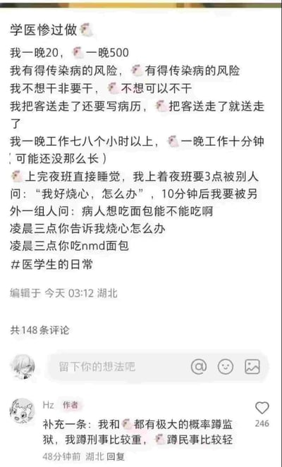 这是一张社交媒体截图，内容为医学生与兔子表情代表的职业进行多维度对比的搞笑吐槽图。图中通过列表形式对比了两者的收入（医学生一晚20 vs 🐰一晚500）、工作时长（医学生七八小时 vs 🐰十分钟）、工作风险（双方都有传染病风险）、工作自主性（医学生不想干非要干 vs 🐰不想可以不干）等多个方面，突出医学生工作辛苦、收入低的现状。文末还包含了作者的幽默补充："我和🐰都有极大的概率蹲监狱，我蹲刑事比较重，🐰蹲民事比较轻"。