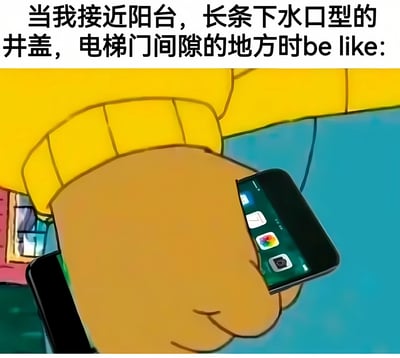 这张梗图通过图文结合的方式，幽默展现了人们靠近阳台、长条下水口型井盖、电梯门间隙等危险缝隙时的典型反应——紧紧攥住手中的智能手机，生怕手机掉落。图片上方的文字描述了具体场景，下方则是动画角色紧握手机的特写画面，夸张地表现出对手机掉落的恐惧，引发观众共鸣。
