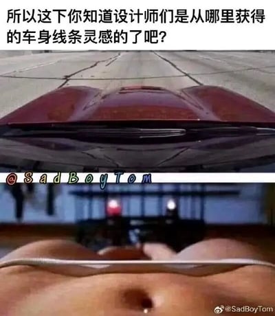 图片为上下对比结构，上方展示一辆红色汽车的车顶/引擎盖部分，其流畅圆润的车身线条清晰可见；下方则是人体腹部的特写，展现出类似的平滑曲线轮廓。图片上方配有文字“所以这下你知道设计师们是从哪里获得的车身线条灵感的了吧？”，通过幽默的对比手法，调侃汽车设计师可能从人体曲线中获取车身线条设计灵感。