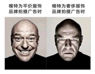 这是一张左右拼接的静态对比梗图，左上方配有文字“模特为平价服饰品牌拍摄广告时”，对应左侧的演员布莱恩·克兰斯顿咧嘴大笑，表情夸张且充满热情，营造出亲民、接地气的氛围；右上方配有文字“模特为奢侈服饰品牌拍摄广告时”，对应右侧的同一演员面无表情，神态冷峻严肃，画面色调也更暗沉，塑造出高冷、疏离的格调。图片通过这种极端的表情反差，幽默地调侃了平价服饰品牌与奢侈服饰品牌在广告风格上的刻板印象：平价品牌主打亲民感，奢侈品牌主打高端疏离感。