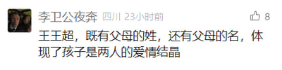 这是一张横版的社交媒体评论区截图，截图左上角是发布者“李卫公夜奔”的头像，旁边显示发布者昵称、所在地四川、发布时间23小时前，评论右侧显示有8个点赞。评论内容为“王王超，既有父母的姓，还有父母的名，体现了孩子是两人的爱情结晶”，该内容针对名字“王王超”进行解读，认为这个名字结合了父母的姓氏与名字，是父母爱情的见证。整体属于图文混排的屏幕截图，构图清晰，信息明确。