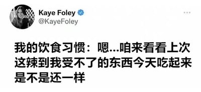 这是一张Twitter（原X平台）的社交媒体截图，显示用户Kaye Foley（@KayeFoley）的推文内容。推文文字为中文：“我的饮食习惯：嗯...咱来看看上次这辣到我受不了的东西今天吃起来是不是还一样”，配图为用户的黑白头像照片，带有平台认证的蓝色对勾标识。整体内容以幽默自嘲的方式描述了自己反复尝试曾让自己辣到受不了的食物的饮食习惯。