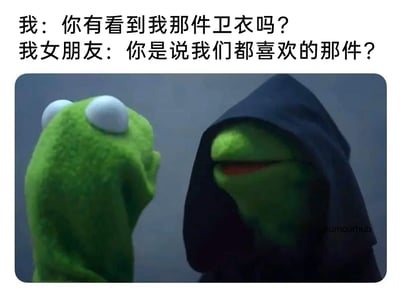 这是一张搞笑梗图，采用图文混排的形式，上方是一段情侣间的中文对话：“我”询问女朋友有没有看到自己的卫衣，女朋友回应“你是说我们都喜欢的那件？”，暗示卫衣已经被女朋友“征用”；下方是经典的科米蛙梗图画面，左边是双眼圆睁、一脸震惊的普通科米蛙，代表听到回答后“我”的表面反应，右边是身着黑袍、嘴角上扬的暗黑科米蛙，代表“我”内心已经接受卫衣被女朋友霸占的现实，用这种人格分裂式的卡通形象，生动又幽默地展现了情侣间一方“共享”另一方物品的日常趣事，充满生活感和搞笑氛围。