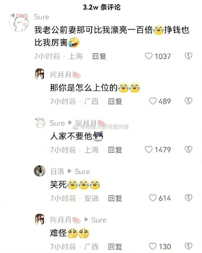 这张图展示了一串围绕“老公前妻比我漂漂亮很多”的神评论，主楼自黑、调侃现任老婆其实各方面不如前妻，只是因为前妻不要老公了，自己才能上位，评论区的其他网友也以笑死、难怪等进行了幽默互动。整体氛围很轻松，带有自嘲色彩和浓厚的网络玩梗气息。没有明显的谐音梗或双关，但内容典型搞笑吐槽。