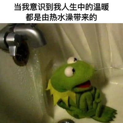 图片上方有文字“当我意识到我人生中的温暖都是由热水澡带来的”，下方是布偶秀角色科米蛙坐在浴缸中淋浴的场景。科米蛙表情满足，双眼微闭，似乎正在享受热水澡带来的温暖。图片通过幽默的方式表达了对热水澡的依赖和喜爱，带有自嘲和生活小确幸的意味。