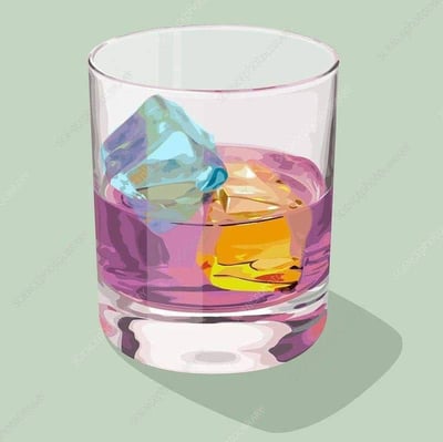 这是一幅风格化的插画，展示了一个装有紫色液体的透明玻璃杯。杯中漂浮着两块颜色鲜艳的冰块，一块呈现蓝紫色渐变，另一块则是橙黄色。玻璃杯放置在浅绿色的背景上，整体构图简洁清晰。图像上有多处"sciencephoto.com"的水印文字，以半透明状态遍布整个画面。