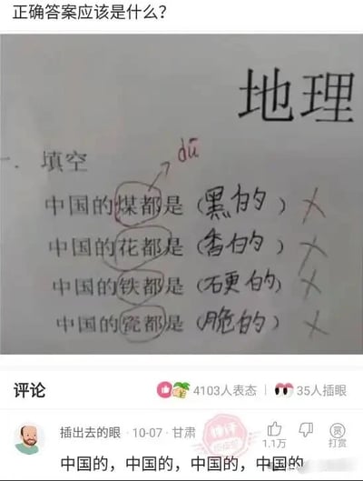 这张图片是一张社交媒体截图，整体为图文混排的形式，分为上下两个部分。上半部分是一份地理填空作业，作业顶部写有“地理”二字，题目为四道填空题：“中国的煤都是（）”“中国的花都是（）”“中国的铁都是（）”“中国的瓷都是（）”。学生误解了题目中“都（dū）”的含义，将其理解为“都是”的“都（dōu）”，因此分别填写了“黑的”“香的”“硬的”“脆的”，所有答案都被打了红色的叉号，同时“煤都”的“煤”字上方被标注了拼音“dū”，以此指出学生对题目中字的读音和含义的误解。下半部分是社交平台的评论区界面，显示有4103人表态，35人插眼，热门评论来自用户“插出去的眼”，发布时间为10-07，地点标注为甘肃，评论内容为“中国的，中国的，中国的，中国的”，该评论获得了1.1万点赞，还有“神评”的标识。