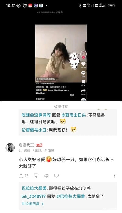 这是一张竖屏的B站手机端屏幕截图，上方展示了越南博主Bách Hợp Review发布的可爱小女孩短视频，视频里的小女孩姿态活泼，配文表达“看到漂亮的人就会一直注视”的心情，还带有搞笑字幕“瞅你那没出息的养儿”；下方是该视频的评论区，用户“启禀我王”发表了“想养永远长不大的小人类”的可爱言论，用户“巴拉拉大蜀黍”用加沙的现状进行黑色幽默式的回复，引发其他用户感慨“太地狱了”，同时还有其他用户的趣味互动评论，整体呈现出B站社区评论区多元、充满趣味和黑色幽默的互动氛围。