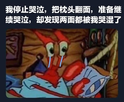 图片中是动画《海绵宝宝》里的角色蟹老板，他躺在床上，双眼流着蓝色的眼泪，双手抱着一个枕头，表情悲伤。上方配有文字：“我停止哭泣，把枕头翻面，准备继续哭泣，却发现两面都被我哭湿了”，通过夸张的情节幽默地表现出极度悲伤、无法抑制哭泣的状态。