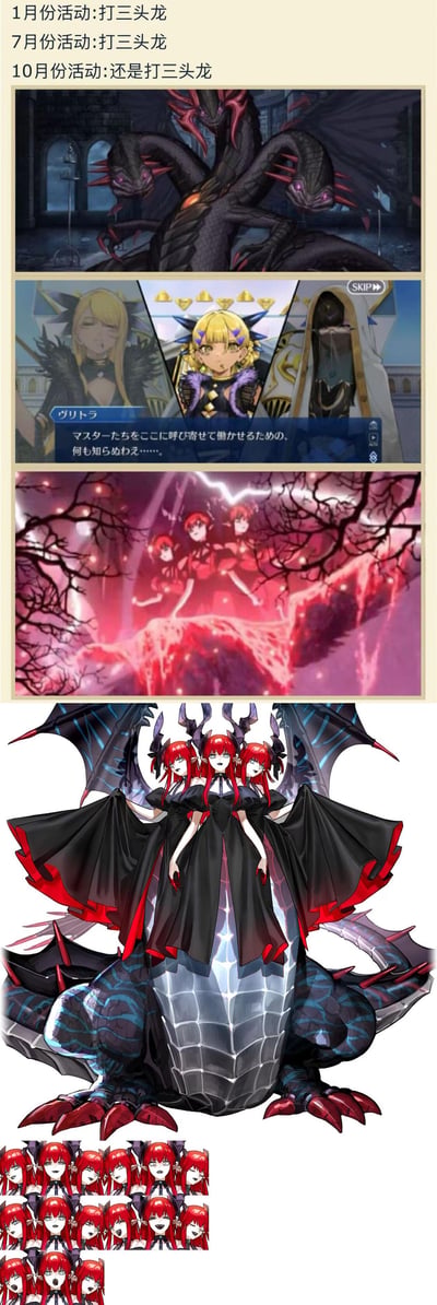 这是一张Fate/Grand Order（简称FGO）玩家制作的吐槽梗图，采用多图拼接的形式：
1. 顶部文字吐槽游戏1月、7月、10月的活动BOSS都是三头龙弗栗多，重复度拉满；
2. 依次展示游戏里的暗黑三头龙BOSS形象、弗栗多人类形态的剧情对话截图（日文大意：“为了把御主们召唤来干活，我什么都不知道哦……”）；
3. 接着将三头龙娘化成红发三头的FGO风格从者形象；
4. 最后用一堆该娘化角色的头组成表情包，调侃官方反复推出同BOSS活动，让玩家产生审美疲劳，充满搞笑和无奈的吐槽感。