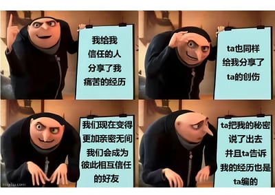 这是一张四格漫画形式的梗图，使用了《卑鄙的我》中Gru的形象。第一格中Gru得意地举着牌子说"我给我信任的人分享了我痛苦的经历"；第二格他摸着额头说"ta也同样给我分享了ta的创伤"；第三格他兴奋地表示"我们现在变得更加亲密无间 我们会成为彼此相互信任的好友"；第四格他表情失望地揭示"ta把我的秘密说了出去 并且ta告诉我我的经历也是ta编的"。整个梗图讲述了一个关于信任被背叛的搞笑故事。