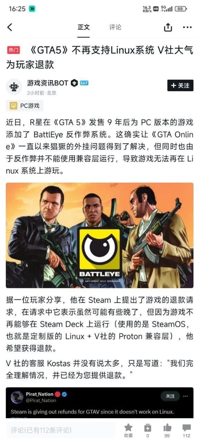 这是一则游戏热点资讯，R星在《GTA5》发售9年后为PC版本添加BattleEye反作弊系统，解决了《GTA Online》长期猖獗的外挂问题，但该反作弊系统无法通过兼容层运行，导致游戏无法在Linux系统（包括Steam Deck使用的定制Linux系统SteamOS）运行。有玩家因此在Steam平台申请退款，V社客服直接同意了退款请求。资讯由“游戏资讯BOT”发布，整合了普通玩家的退款经历和海外推特用户Pirat Nation的相关动态，资讯界面为竖屏社交平台样式，目前已有112条评论。