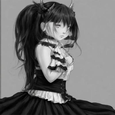 这是一张黑白风格的AI生成二次元插画，画面主体是一位留着黑色双马尾、头顶生长着两对小角的洛丽塔风格少女。她身着带有多层荷叶边装饰的上衣与束腰，搭配黑色蓬蓬裙，双臂抱于胸前，神情落寞疏离，整体风格偏向暗黑哥特风。画面光影细腻，线条精致，营造出清冷又略带阴郁的氛围。