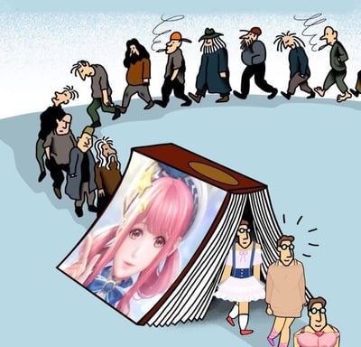 这幅卡通插画描绘了一群表情各异的男性角色正路过一本打开的巨大书本。书本的一页上印着一位有着粉色长发的动漫风格女孩，她戴着蓝色发饰，表情平静。部分男性角色被书本中的女孩形象吸引，停下脚步扭头观看，而其他人则继续前行。画面采用简洁的线条和平面色彩，营造出一种荒诞又有趣的对比效果，展现了现实风格卡通人物与二次元动漫形象的视觉碰撞。