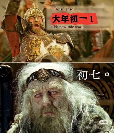 这是一张上下分栏的对比梗图，上图截取《指环王：王者归来》中希优顿王高举手臂、激昂呐喊的经典冲锋场景，搭配文字“大年初一！Arise, arise, Ride now, ride now!”，生动表现出大年初一人们充满干劲、迫不及待开启春节假期的兴奋状态；下图截取《指环王》中希优顿王衰老后神情萎靡、面容憔悴的画面，配文“初七。”，精准还原了春节假期结束，初七返工的打工人疲惫、无神、生无可恋的情绪，用影视角色的强烈状态反差，戳中打工人春节前后的情绪变化痛点。