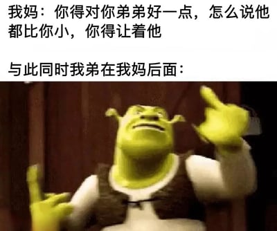 图片上半部分为文字内容，显示妈妈对孩子说：“你得对你弟弟好一点，怎么说他都比你小，你得让着他”，紧接着文字“与此同时我弟在我妈后面：”引出下半部分的影视截图。截图中是动画角色史莱克，他正得意地扬起头，双手比出类似嘲讽的手势，表情嚣张。通过文字与图像的结合，幽默地展现了父母要求哥哥姐姐让着弟弟时，弟弟在背后偷偷挑衅的真实场景，形成鲜明的反差萌。